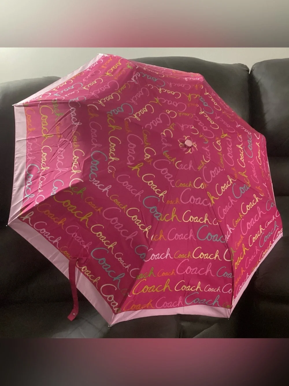 Coach Hot Pink Script Logo Compact Umbrella with Tan Wrist Strap